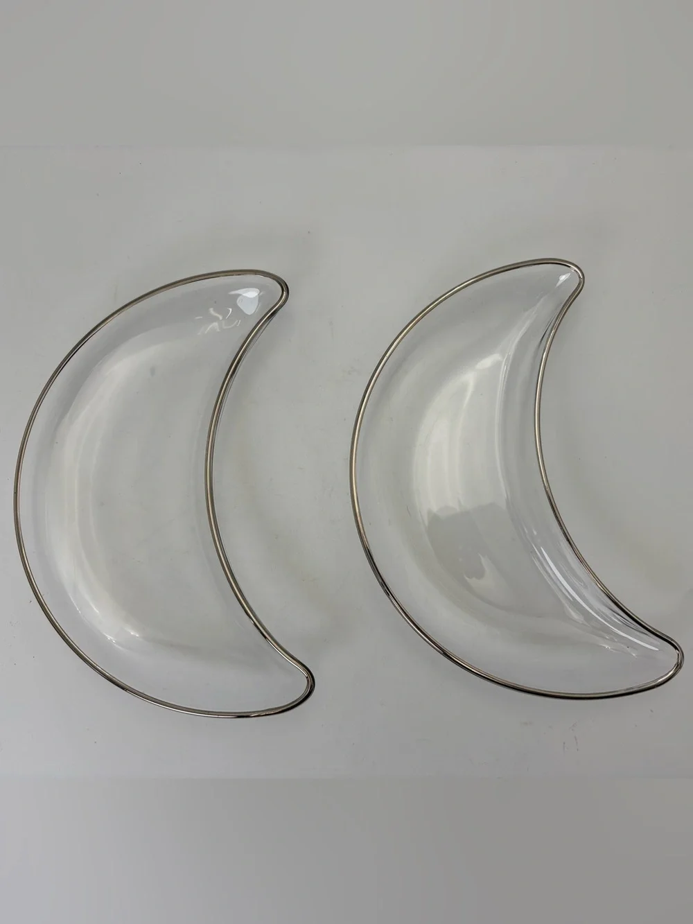Pair of Vintage Clear Crescent Moon Glass Dishes with Silver Rim